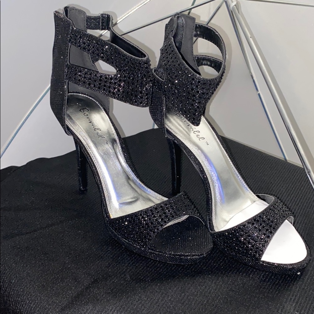 Bonnibel Black Stiletto Heels with Glitter Straps